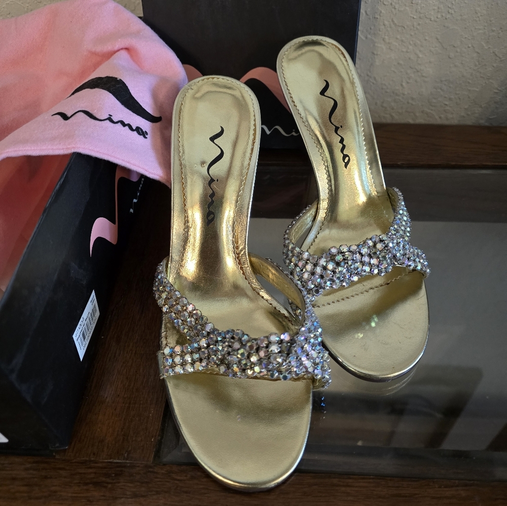 Nina gold and rhinestone heels